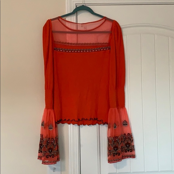 Free People orange embroidered bell sleeve top, M - Picture 7 of 7